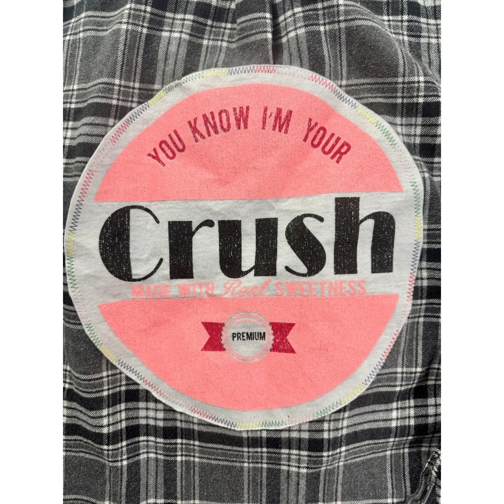 Grey Plaid Flannel Button Down Shirt Back Crush Graphic Patch Long Sleeve Small‎